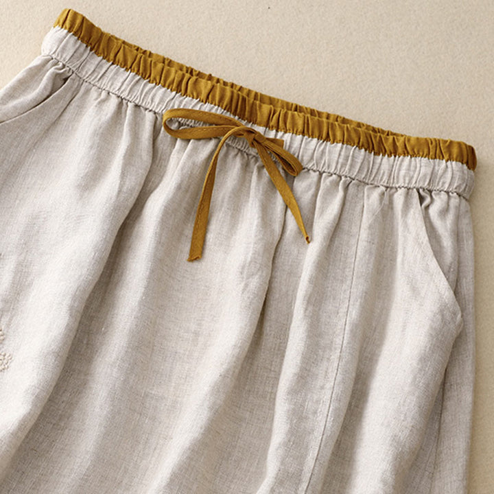 Buddha Stones Vintage Solid Embroidery Drawstring Cotton Linen Women's Skirt With Pockets - image 9