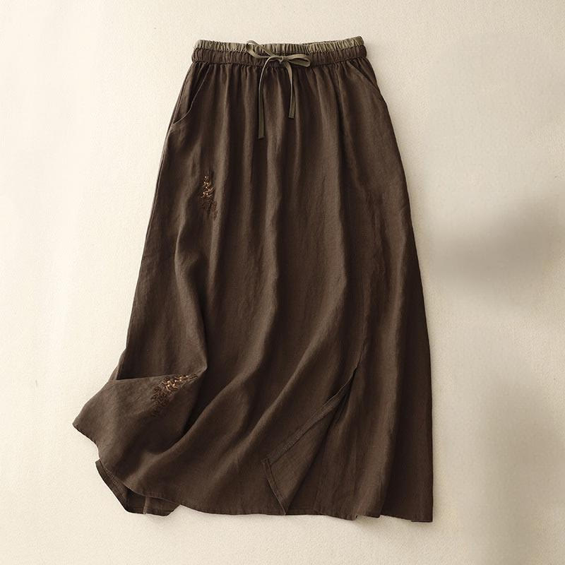 Buddha Stones Vintage Solid Embroidery Drawstring Cotton Linen Women's Skirt With Pockets - SaddleBrown - US8-10，UK/AU12-14，EU40-42 (2XL) - image 15