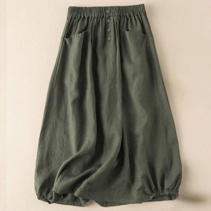 Buddha Stones Summer Solid Button Elastic Waist 7-8 Length Women's Cotton Linen Skirt With Pockets