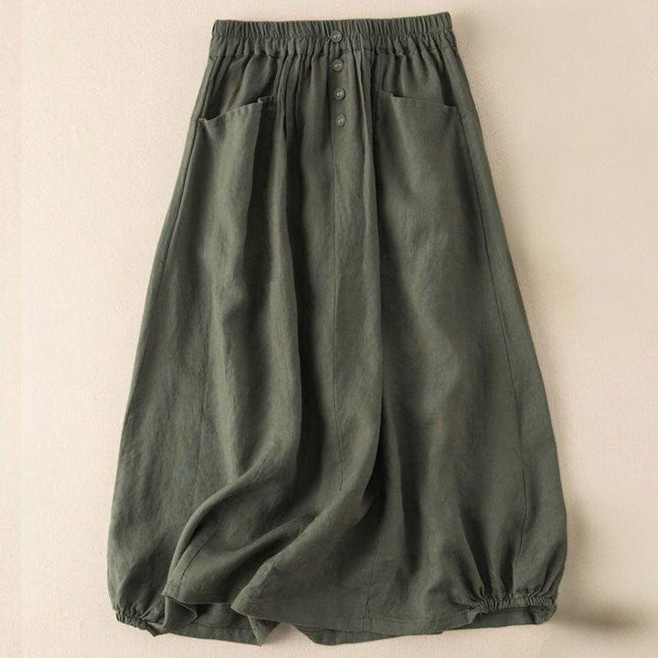 Buddha Stones Summer Solid Button Elastic Waist 7-8 Length Women's Cotton Linen Skirt With Pockets