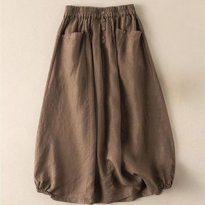 Buddha Stones Summer Solid Button Elastic Waist 7-8 Length Women's Cotton Linen Skirt With Pockets