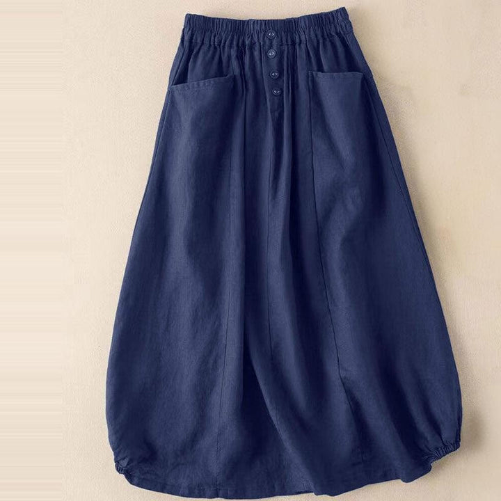 Buddha Stones Summer Solid Button Elastic Waist 7-8 Length Women's Cotton Linen Skirt With Pockets