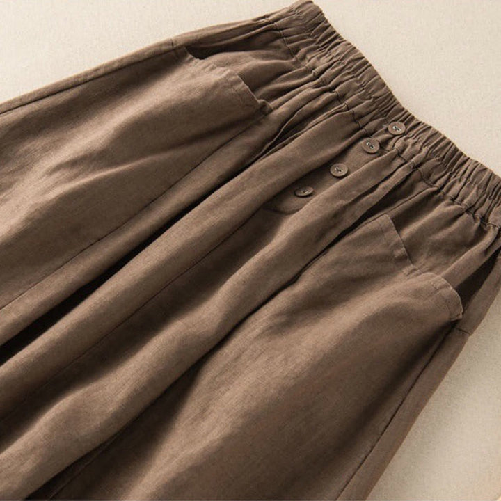 Buddha Stones Summer Solid Button Elastic Waist 7-8 Length Women's Cotton Linen Skirt With Pockets