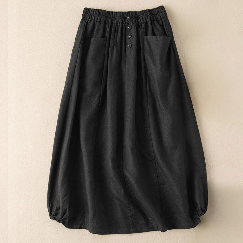 Buddha Stones Summer Solid Button Elastic Waist 7-8 Length Women's Cotton Linen Skirt With Pockets