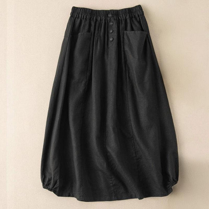 Buddha Stones Summer Solid Button Elastic Waist 7-8 Length Women's Cotton Linen Skirt With Pockets