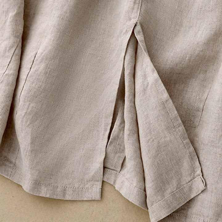 Buddha Stones Vintage Casual Plain Side Slit Elastic Waist Cotton Linen Women's Skirt With Pockets
