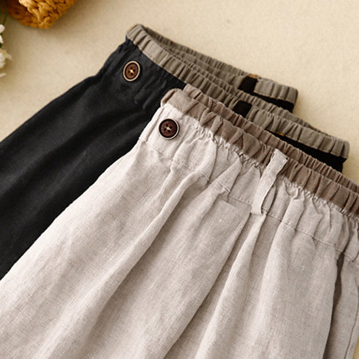 Buddha Stones Vintage Casual Plain Side Slit Elastic Waist Cotton Linen Women's Skirt With Pockets