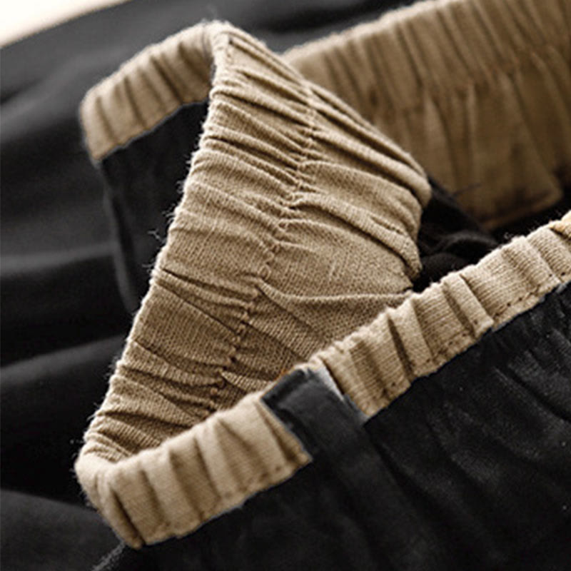 Buddha Stones Vintage Casual Plain Side Slit Elastic Waist Cotton Linen Women's Skirt With Pockets