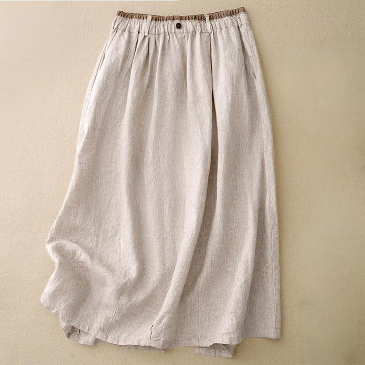 Buddha Stones Vintage Casual Plain Side Slit Elastic Waist Cotton Linen Women's Skirt With Pockets