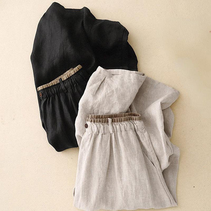 Buddha Stones Vintage Casual Plain Side Slit Elastic Waist Cotton Linen Women's Skirt With Pockets