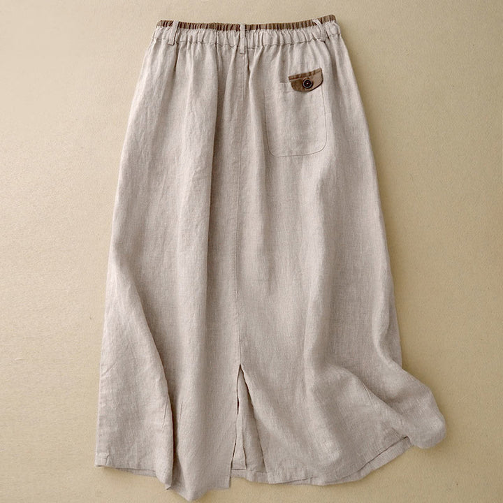 Buddha Stones Vintage Casual Plain Side Slit Elastic Waist Cotton Linen Women's Skirt With Pockets