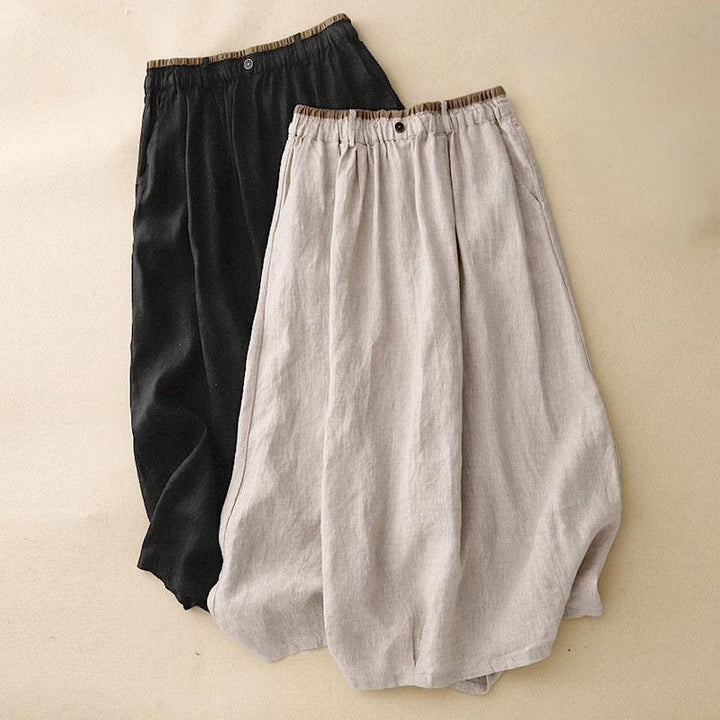 Buddha Stones Vintage Casual Plain Side Slit Elastic Waist Cotton Linen Women's Skirt With Pockets