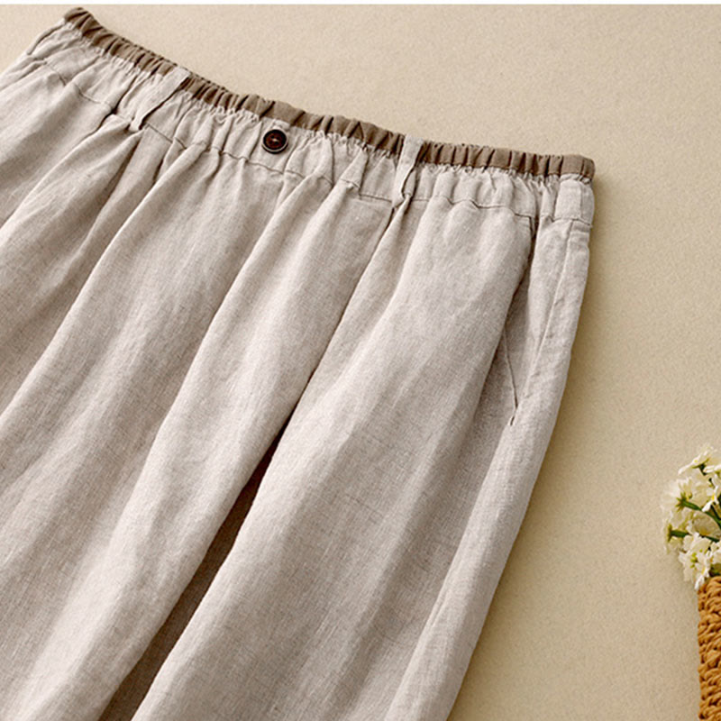 Buddha Stones Vintage Casual Plain Side Slit Elastic Waist Cotton Linen Women's Skirt With Pockets