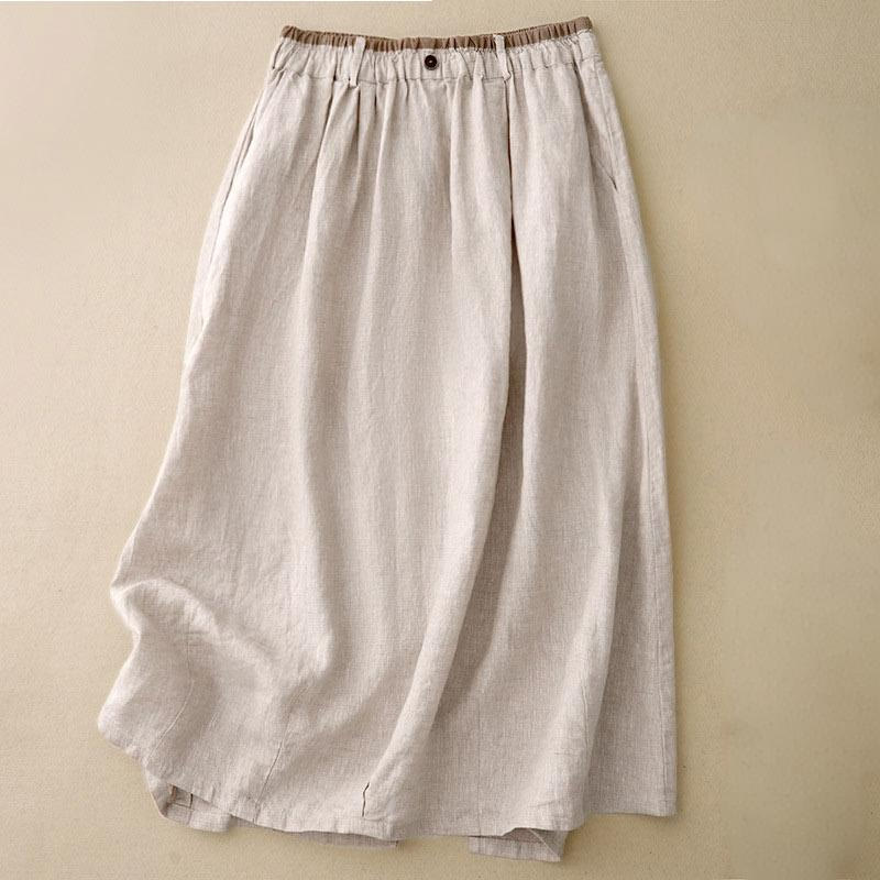 Buddha Stones Vintage Casual Plain Side Slit Elastic Waist Cotton Linen Women's Skirt With Pockets - Beige - US8-10，UK/AU12-14，EU40-42 (2XL) - image 0