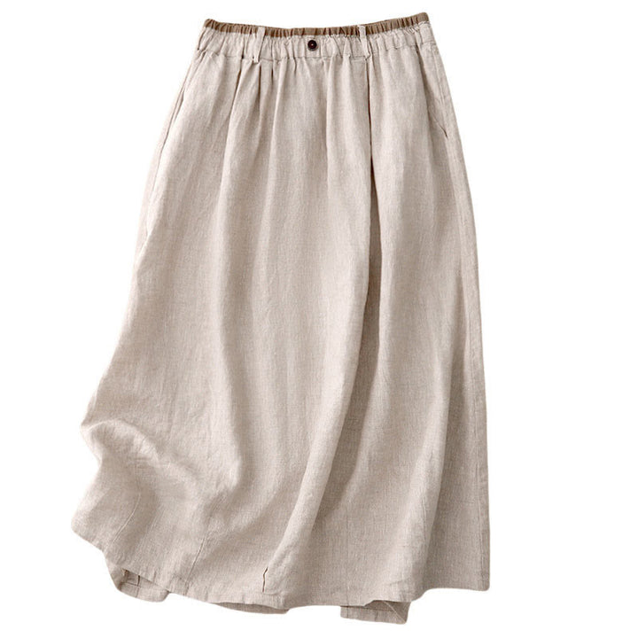 Buddha Stones Vintage Casual Plain Side Slit Elastic Waist Cotton Linen Women's Skirt With Pockets