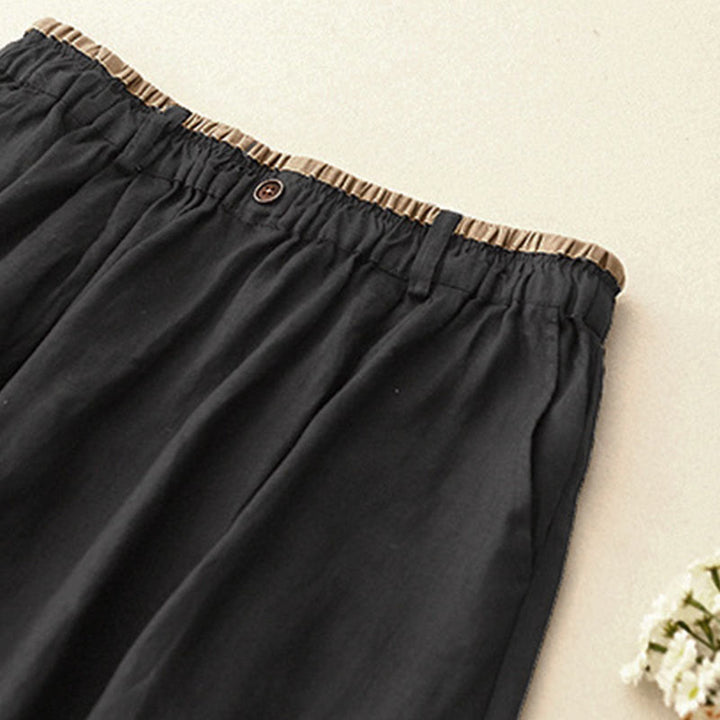 Buddha Stones Vintage Casual Plain Side Slit Elastic Waist Cotton Linen Women's Skirt With Pockets