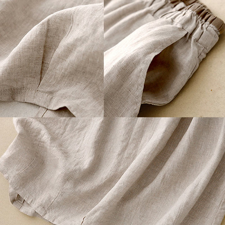 Buddha Stones Vintage Casual Plain Side Slit Elastic Waist Cotton Linen Women's Skirt With Pockets