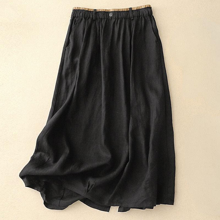 Buddha Stones Vintage Casual Plain Side Slit Elastic Waist Cotton Linen Women's Skirt With Pockets