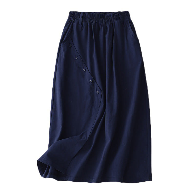 Buddha Stones Casual Plain Asymmetrical Button Design Cotton Women's Skirt With Pockets