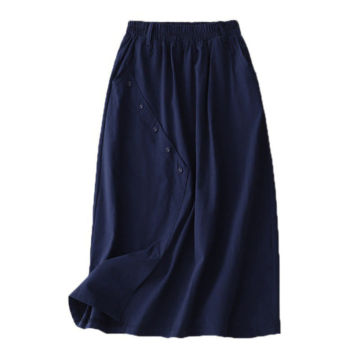 Buddha Stones Casual Plain Asymmetrical Button Design Cotton Women's Skirt With Pockets