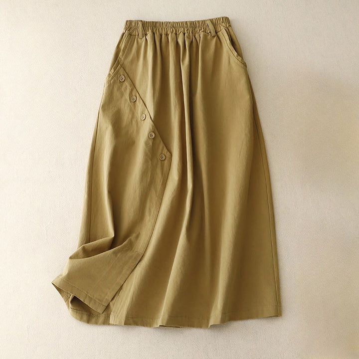 Buddha Stones Casual Plain Asymmetrical Button Design Cotton Women's Skirt With Pockets