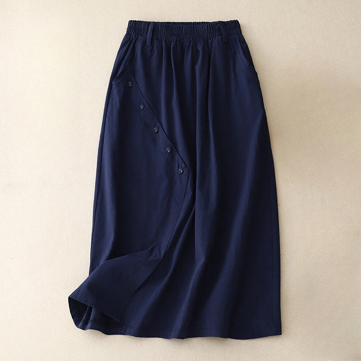 Buddha Stones Casual Plain Asymmetrical Button Design Cotton Women's Skirt With Pockets