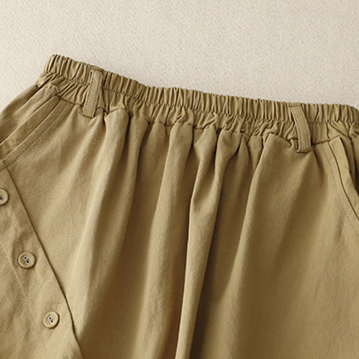 Buddha Stones Casual Plain Asymmetrical Button Design Cotton Women's Skirt With Pockets
