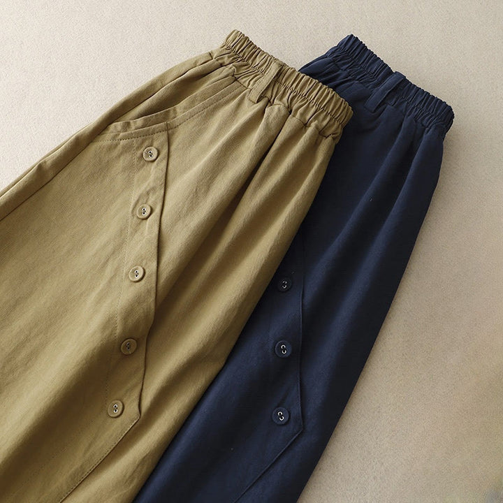 Buddha Stones Casual Plain Asymmetrical Button Design Cotton Women's Skirt With Pockets