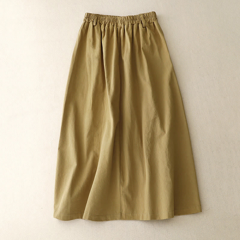 Buddha Stones Casual Plain Asymmetrical Button Design Cotton Women's Skirt With Pockets