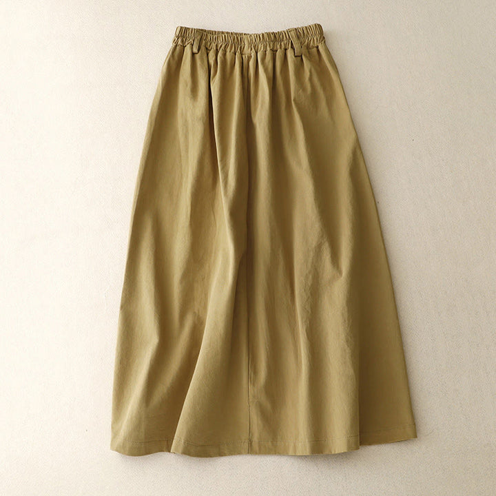 Buddha Stones Casual Plain Asymmetrical Button Design Cotton Women's Skirt With Pockets