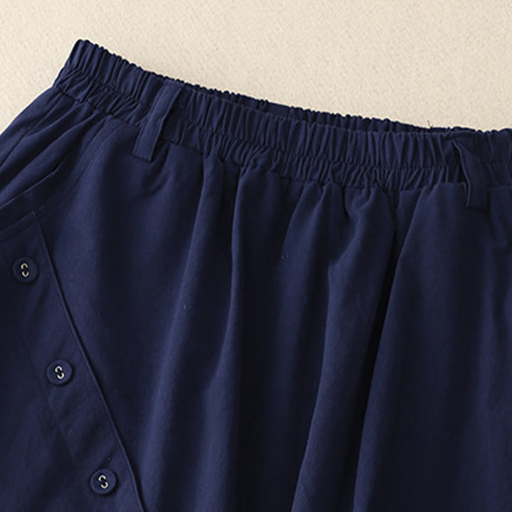 Buddha Stones Casual Plain Asymmetrical Button Design Cotton Women's Skirt With Pockets