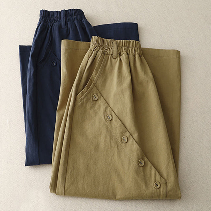 Buddha Stones Casual Plain Asymmetrical Button Design Cotton Women's Skirt With Pockets