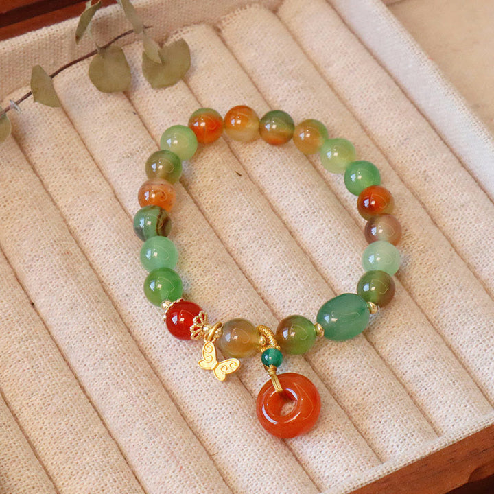 Buddha Stones Natural Colorful Peacock Agate Butterfly Peace Buckle Lily Of The Valley Support Bracelet