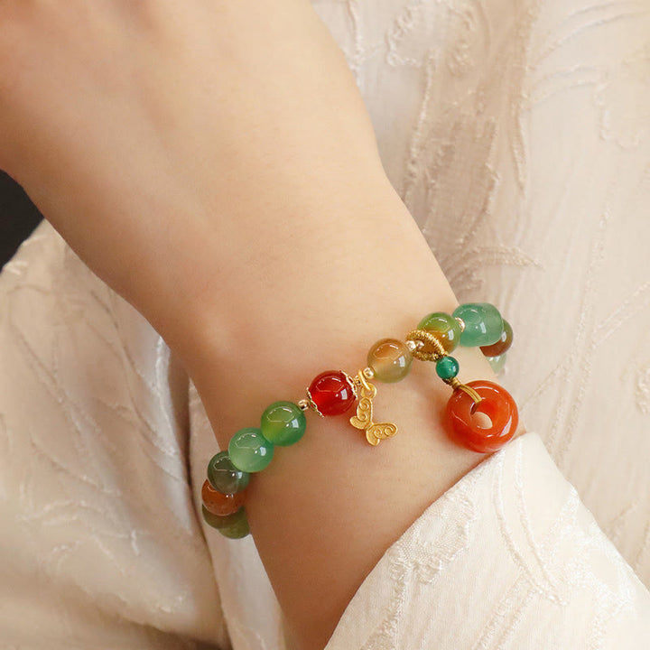 Buddha Stones Natural Colorful Peacock Agate Butterfly Peace Buckle Lily Of The Valley Support Bracelet