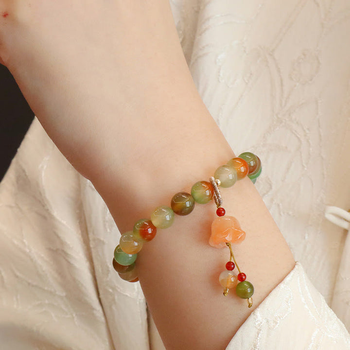 Buddha Stones Natural Colorful Peacock Agate Butterfly Peace Buckle Lily Of The Valley Support Bracelet