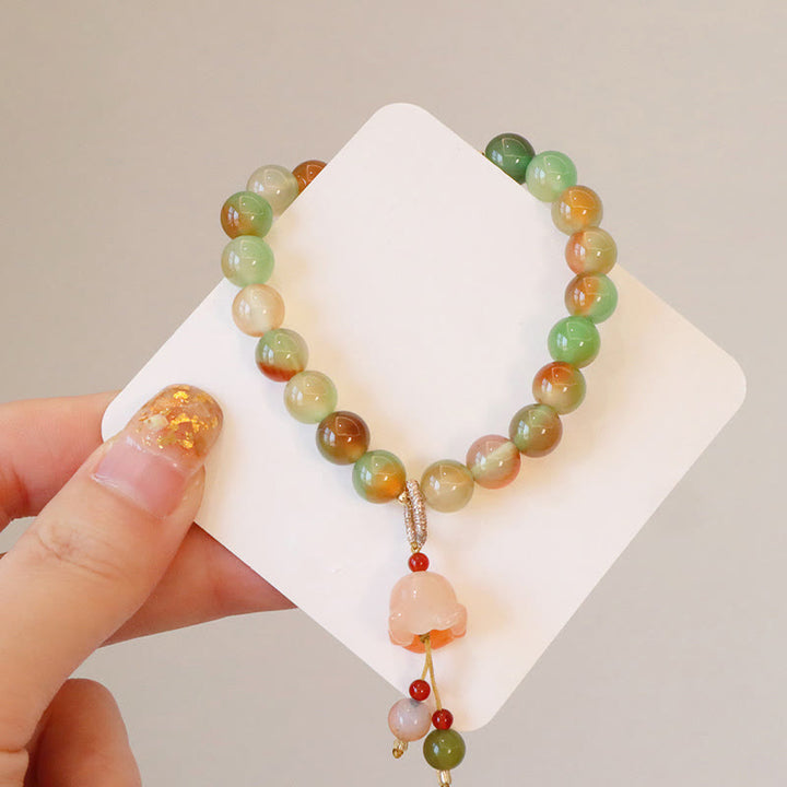 Buddha Stones Natural Colorful Peacock Agate Butterfly Peace Buckle Lily Of The Valley Support Bracelet