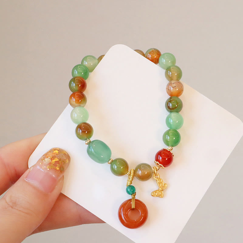 Buddha Stones Natural Colorful Peacock Agate Butterfly Peace Buckle Lily Of The Valley Support Bracelet