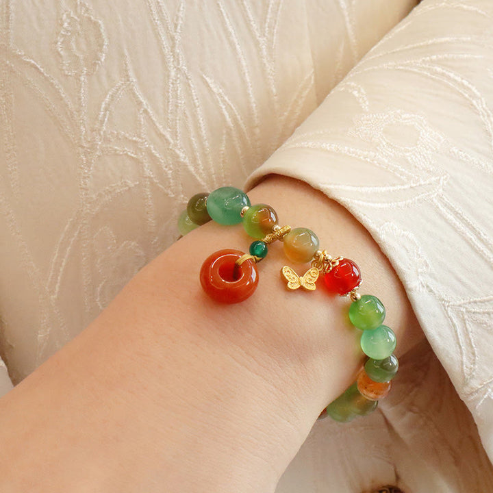 Buddha Stones Natural Colorful Peacock Agate Butterfly Peace Buckle Lily Of The Valley Support Bracelet