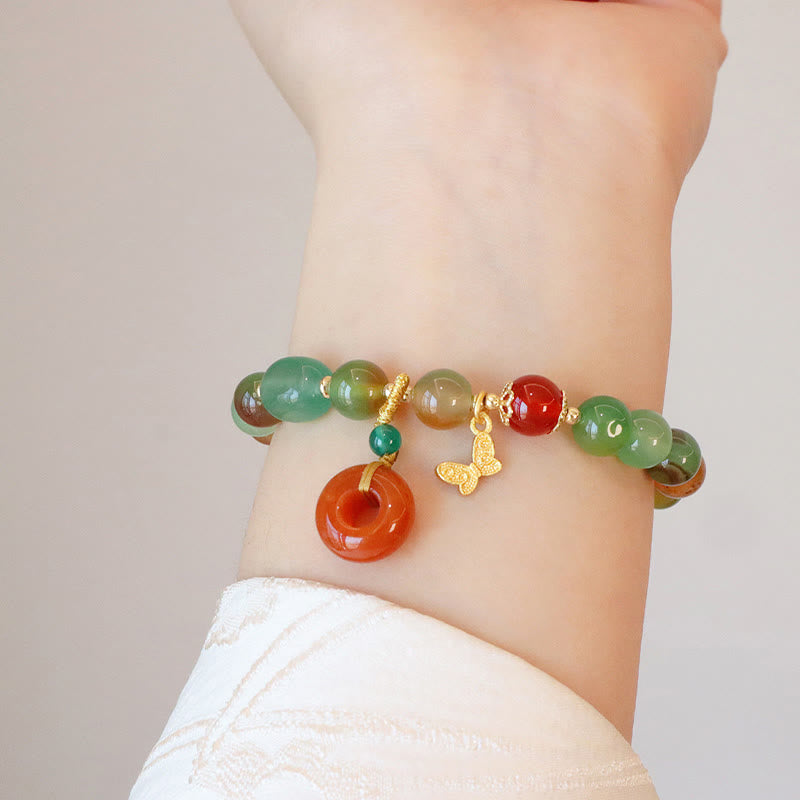 Buddha Stones Natural Colorful Peacock Agate Butterfly Peace Buckle Lily Of The Valley Support Bracelet