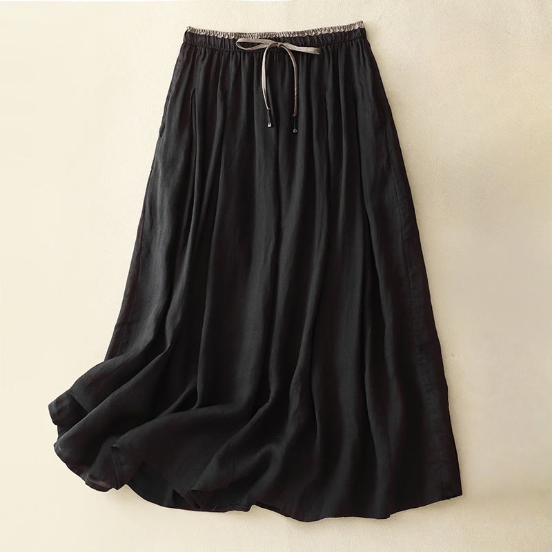 Buddha Stones Summer Casual Plain Lace-up Double Layer Liner Cotton Women's Skirt With Pockets