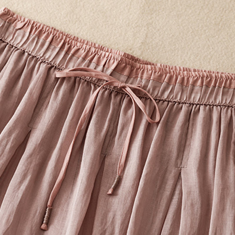 Buddha Stones Summer Casual Plain Lace-up Double Layer Liner Cotton Women's Skirt With Pockets