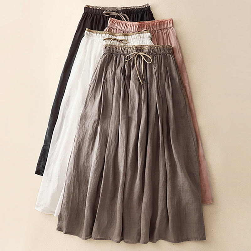 Buddha Stones Summer Casual Plain Lace-up Double Layer Liner Cotton Women's Skirt With Pockets