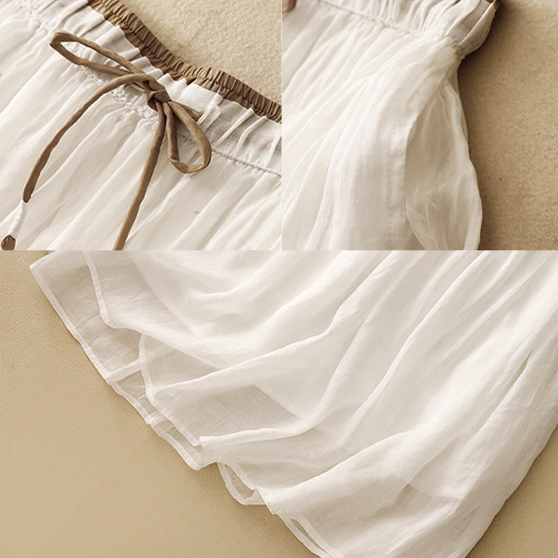 Buddha Stones Summer Casual Plain Lace-up Double Layer Liner Cotton Women's Skirt With Pockets