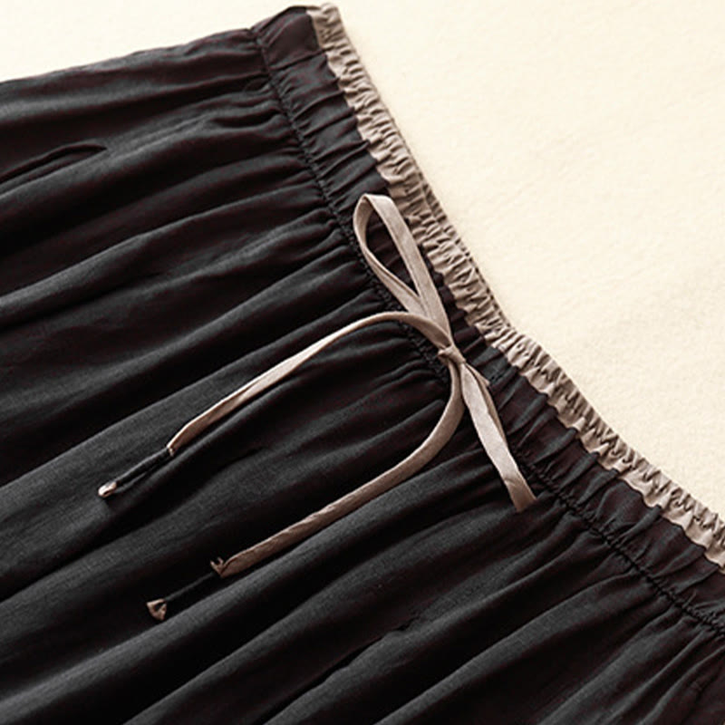 Buddha Stones Summer Casual Plain Lace-up Double Layer Liner Cotton Women's Skirt With Pockets