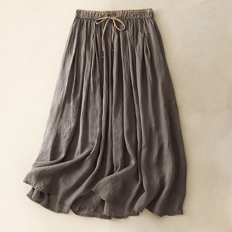 Buddha Stones Summer Casual Plain Lace-up Double Layer Liner Cotton Women's Skirt With Pockets