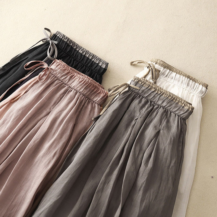 Buddha Stones Summer Casual Plain Lace-up Double Layer Liner Cotton Women's Skirt With Pockets