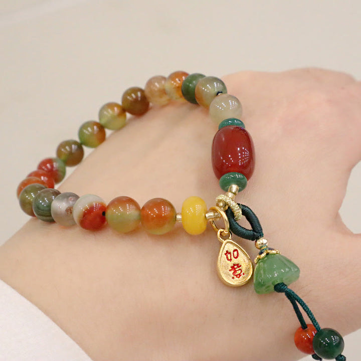 Buddha Stones Natural Colorful Peacock Agate Chalcedony Ruyi As One Wishes Charm Courage Bracelet