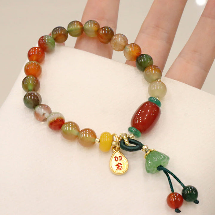 Buddha Stones Natural Colorful Peacock Agate Chalcedony Ruyi As One Wishes Charm Courage Bracelet