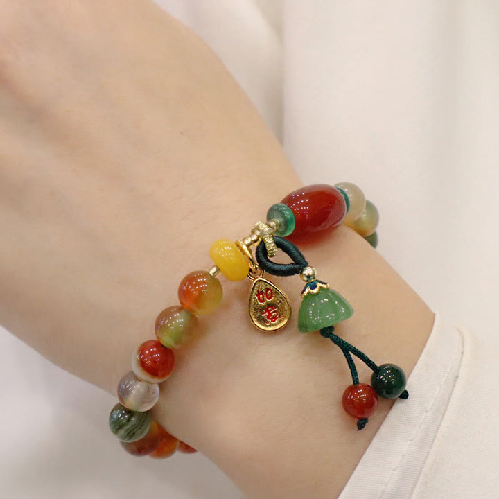 Buddha Stones Natural Colorful Peacock Agate Chalcedony Ruyi As One Wishes Charm Courage Bracelet