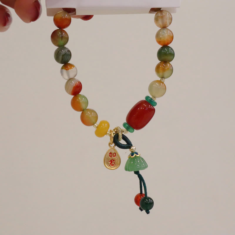 Buddha Stones Natural Colorful Peacock Agate Chalcedony Ruyi As One Wishes Charm Courage Bracelet